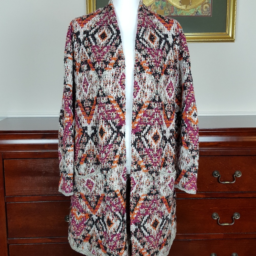 J.Jill Boho Tribal Long Open Cardigan Sweater Coat